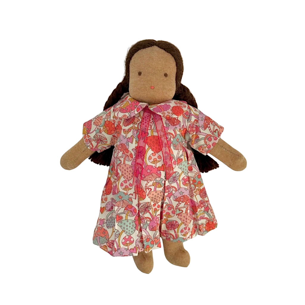 9" Waldorf Doll in Pink Liberty Mushroom Dress Brown | Acorn Toy Shop 9" Waldorf Doll in Pink Liberty Mushroom Dress Brown | Acorn Toy Shop
