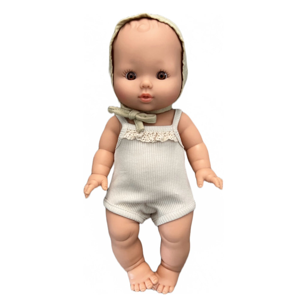 Bath Baby Doll in Cream Ruffled Romper and Latte Bonnet · White