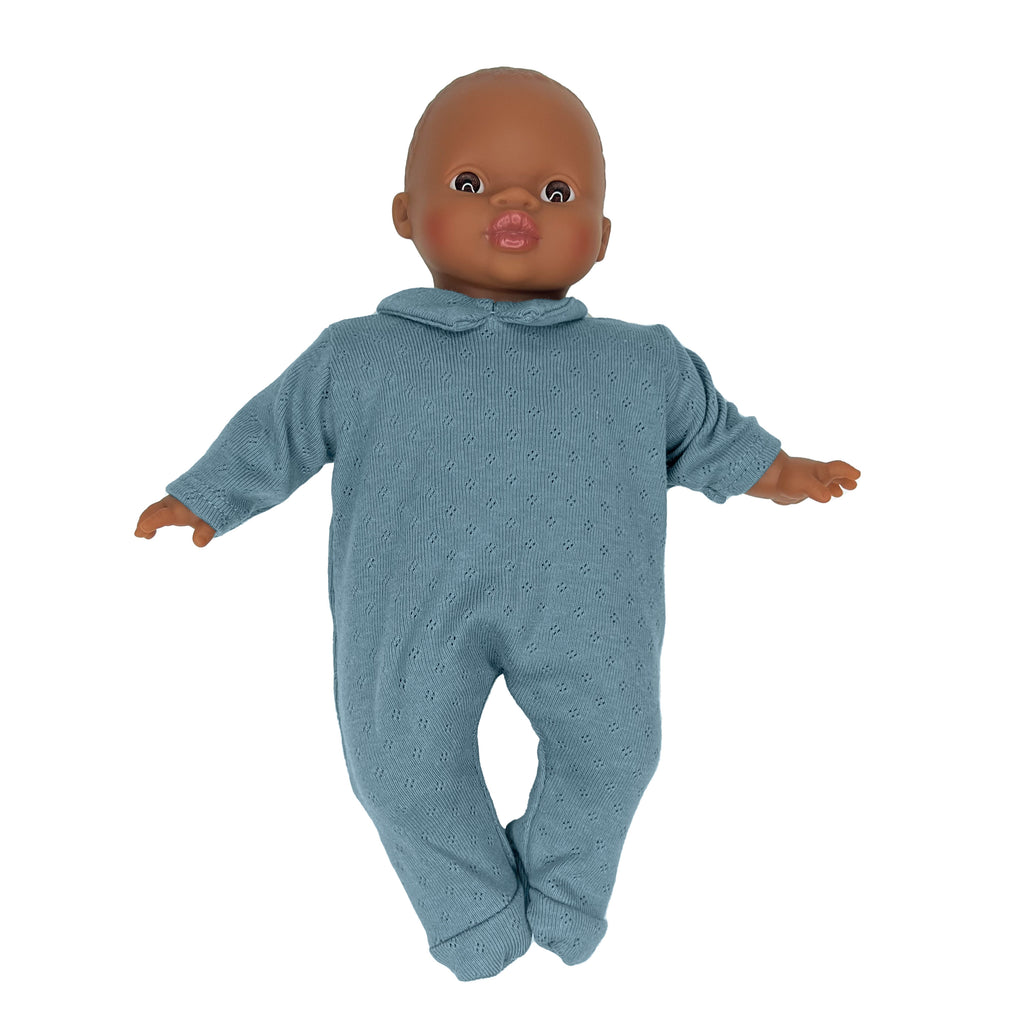 Minikane Soft Baby Girl Doll in Blue Collared Romper · Brown