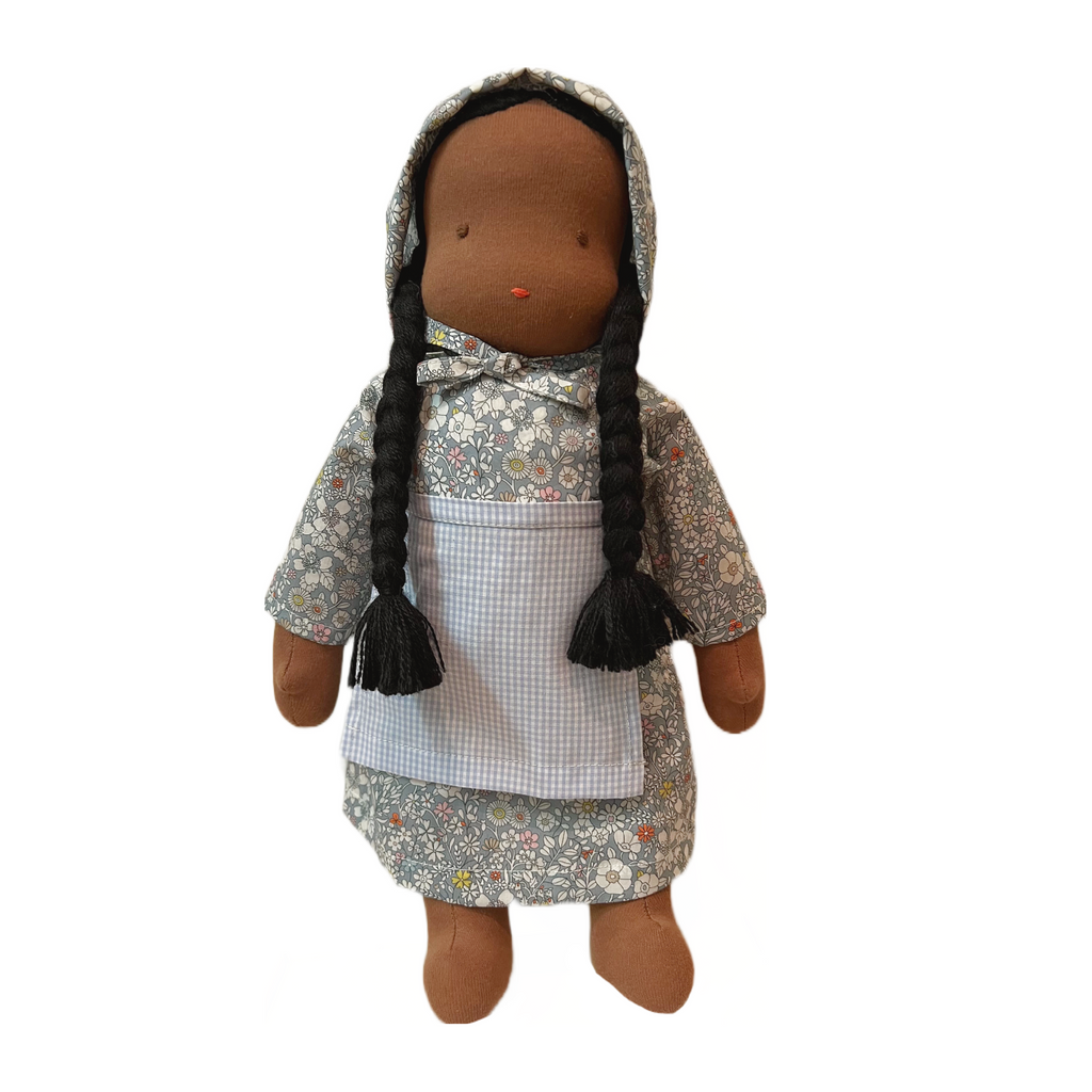 15" Waldorf Doll in Blue June's Meadow Liberty Fabric Dress · Black