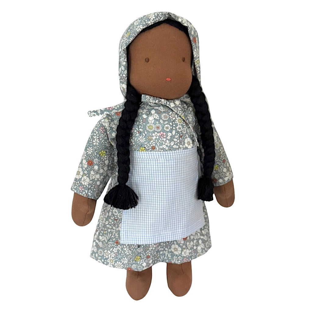 15" Waldorf Doll in Blue June's Meadow Liberty Fabric Dress · Black