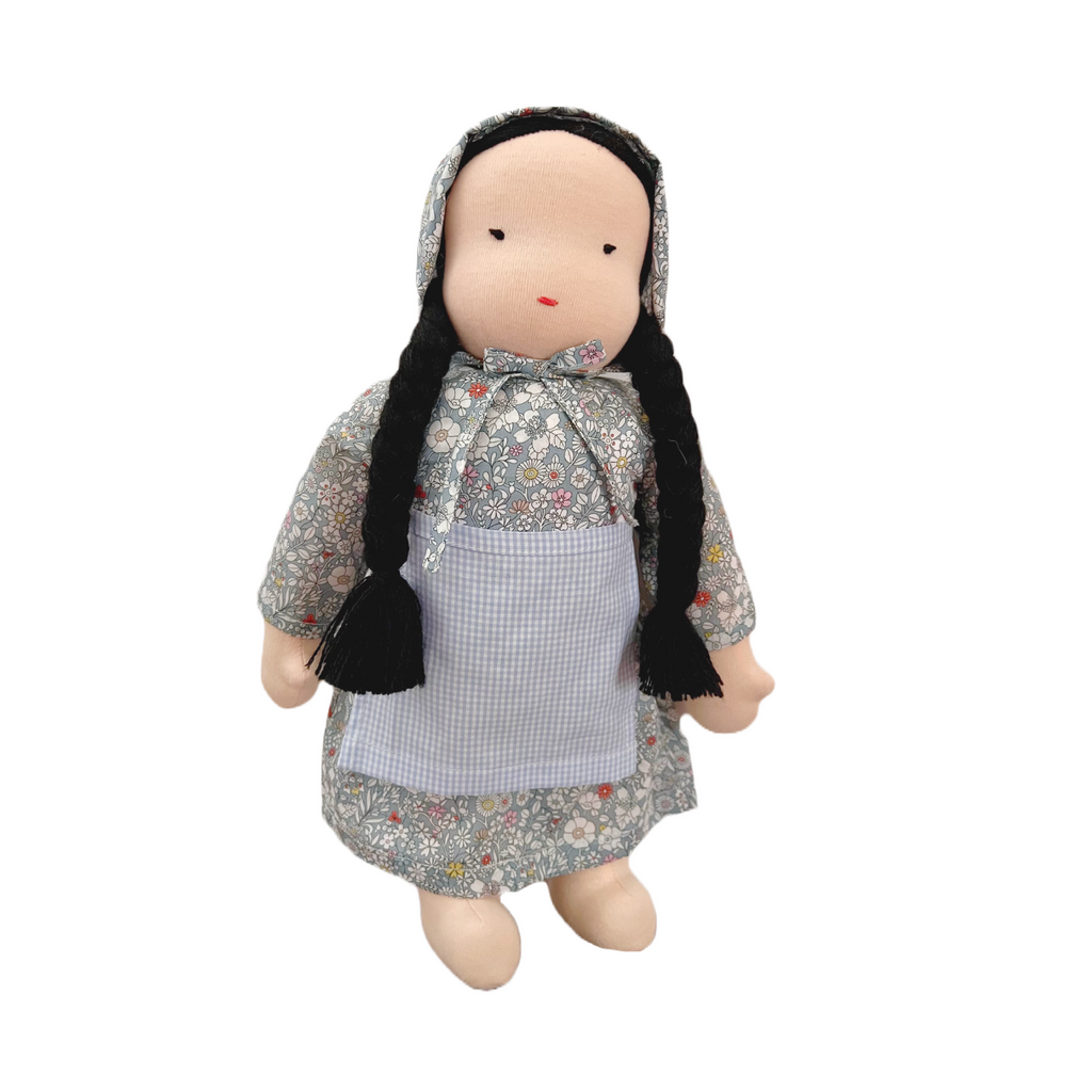 15" Waldorf Doll in Blue June's Meadow Liberty Fabric Dress · Asian