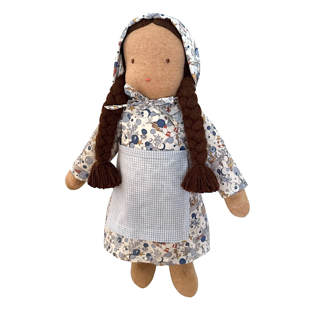 15" Waldorf Doll in Blue Ocean Treasures Liberty Fabric Dress · Brown