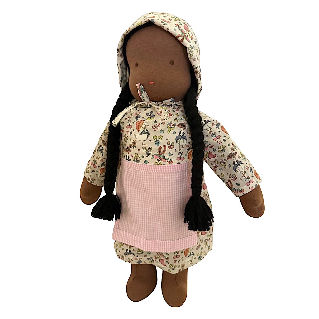 15" Waldorf Doll in Goosey Gladrags Liberty Fabric Dress · Black