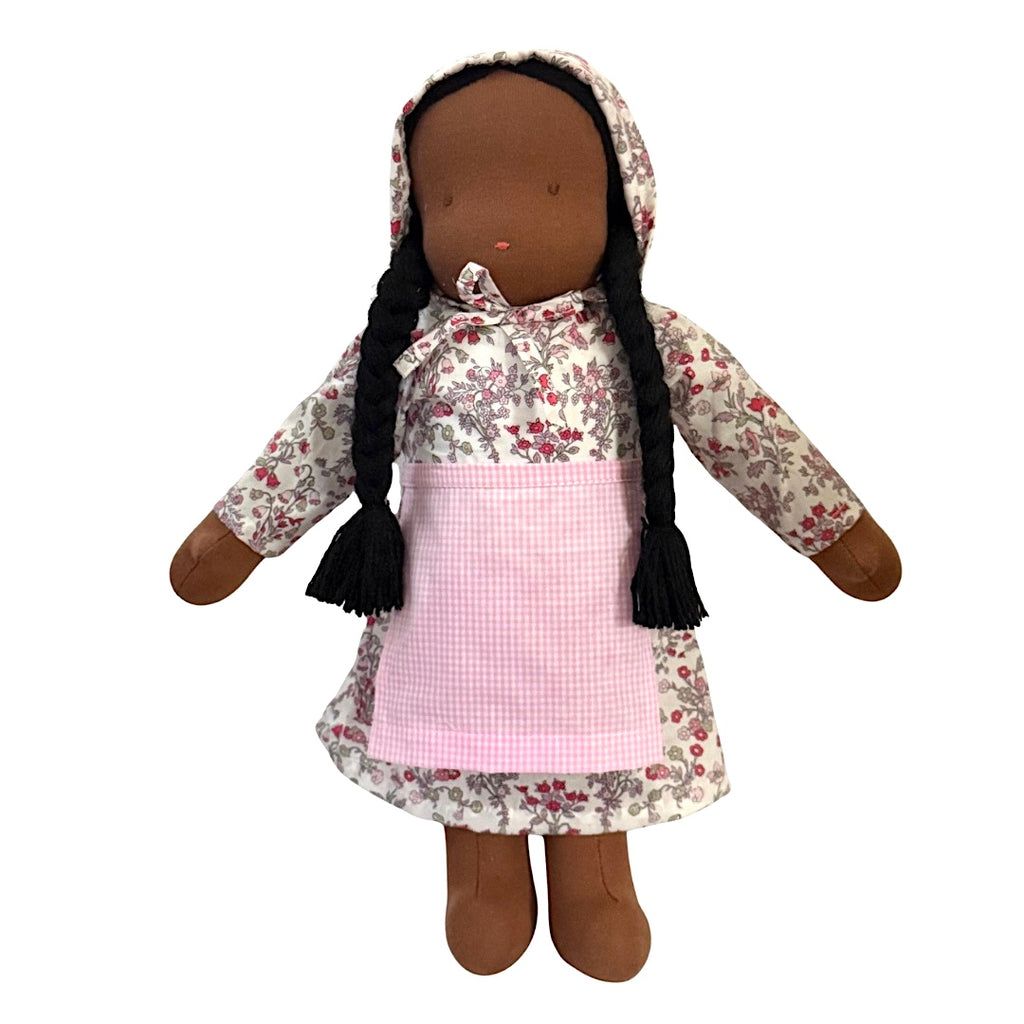 15" Waldorf Doll in Pink Devon Dance Liberty Fabric Dress · Black