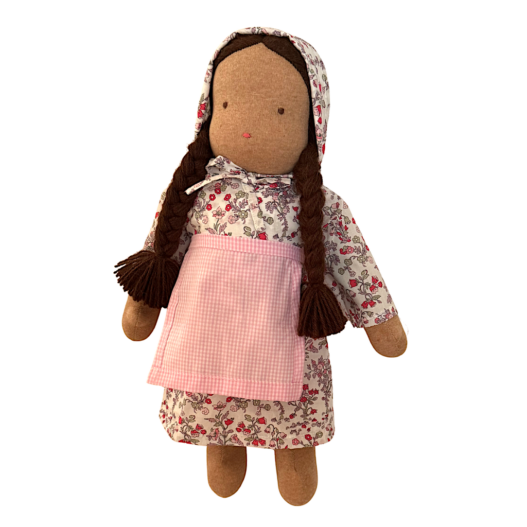 15" Waldorf Doll in Pink Devon Dance Liberty Fabric Dress · Brown
