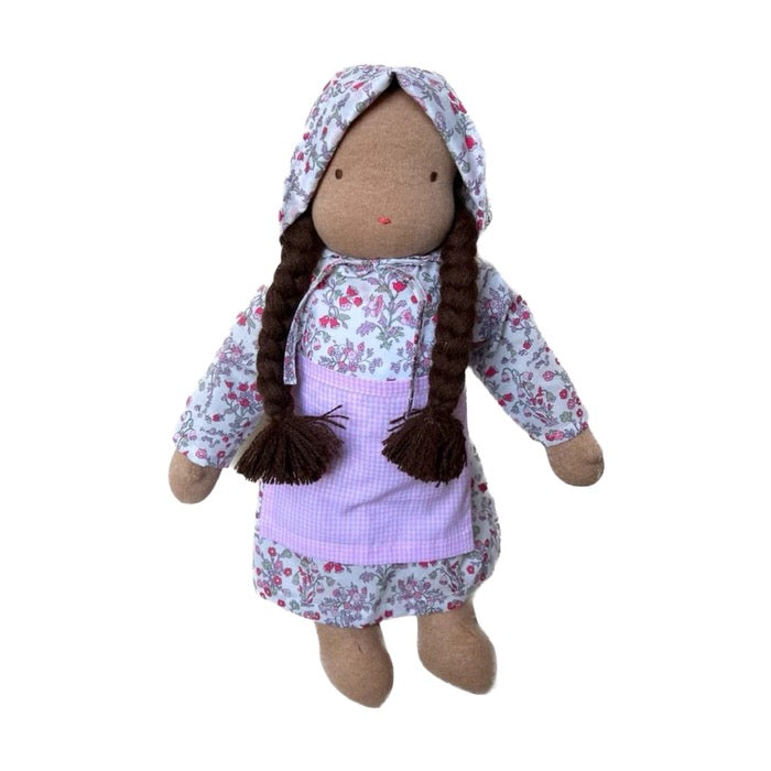 15" Waldorf Doll in Pink Devon Dance Liberty Fabric Dress · Brown