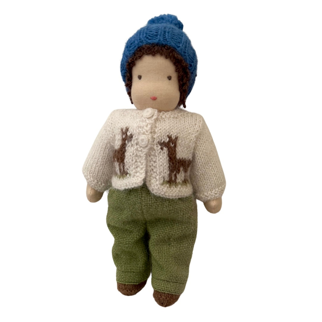 9" Waldorf Boy Doll in Cardigan · Dark Brown Hair