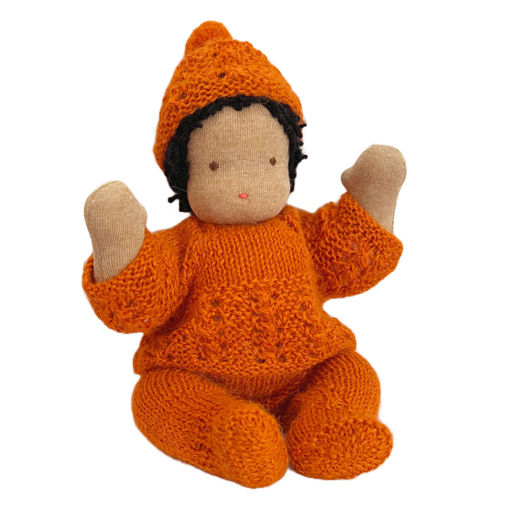 9" Waldorf Bendable Baby Doll in Orange Knit Outfit · Brown