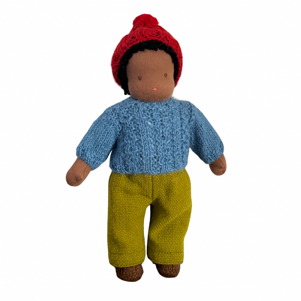 9" Waldorf Boy Doll in Blue Sweater  · Black