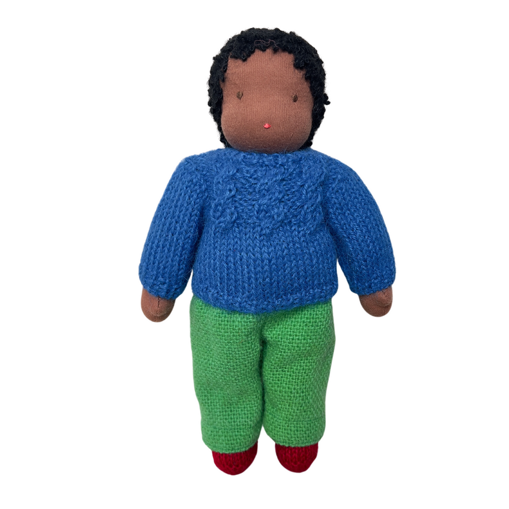 9" Waldorf Boy Doll in Blue Sweater and Red Booties  · Black