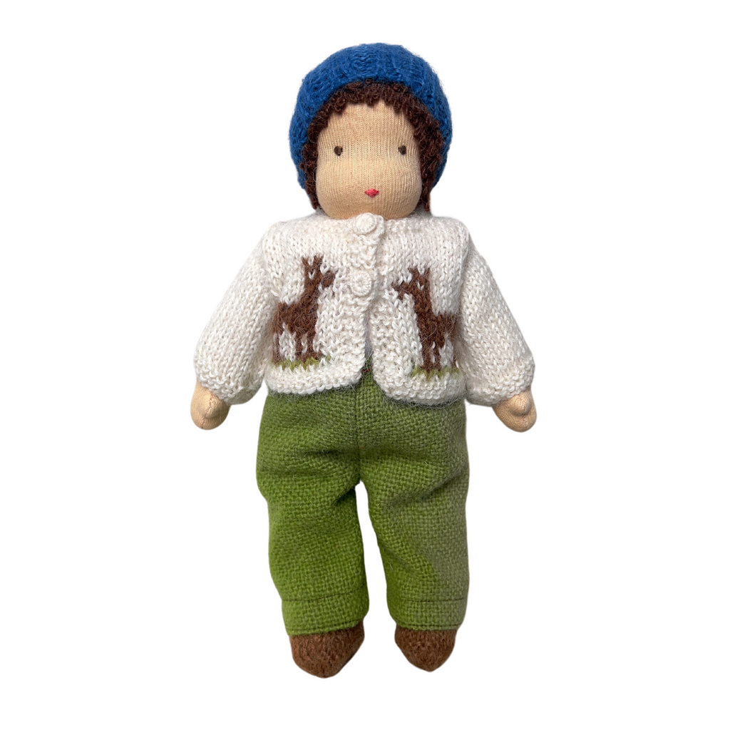 9" Waldorf Boy Doll in Cardigan · Dark Brown Hair