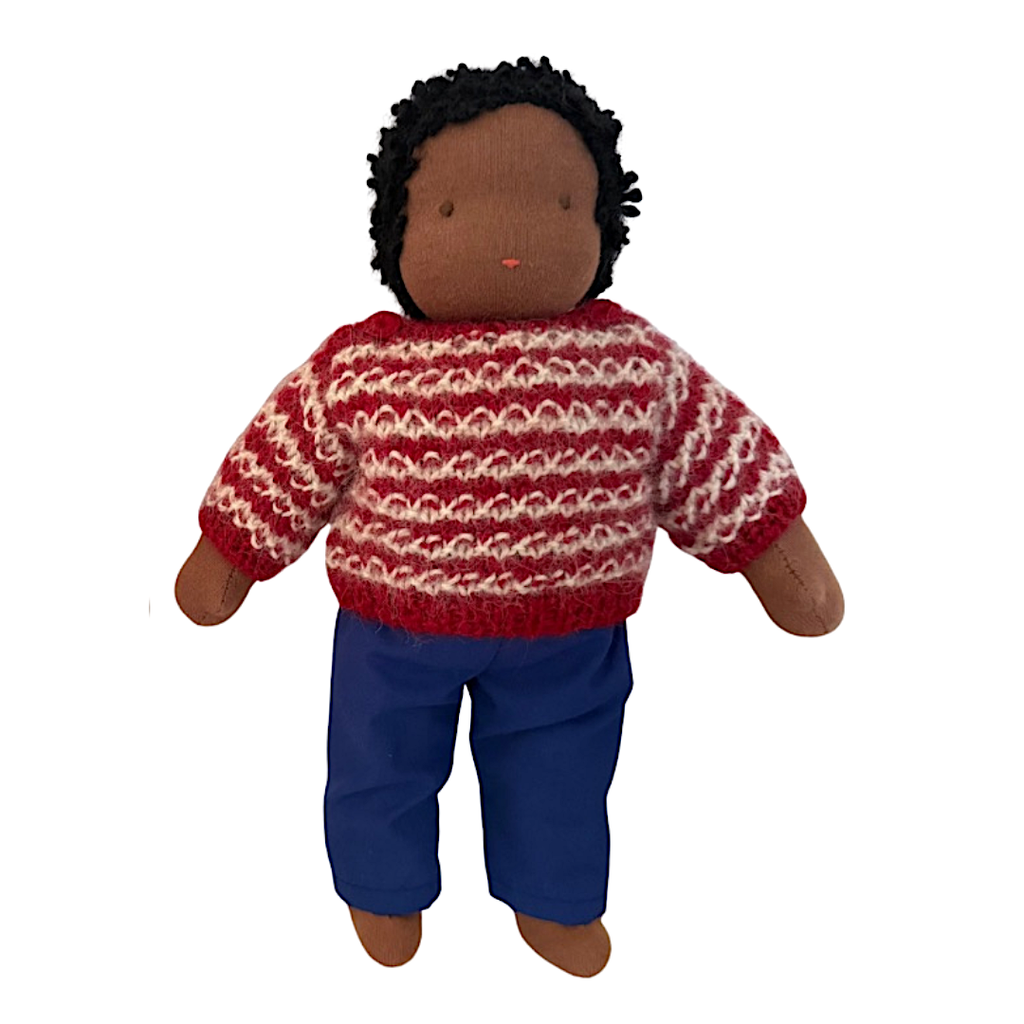 9" Waldorf Boy Doll in Red Striped Sweater · Black