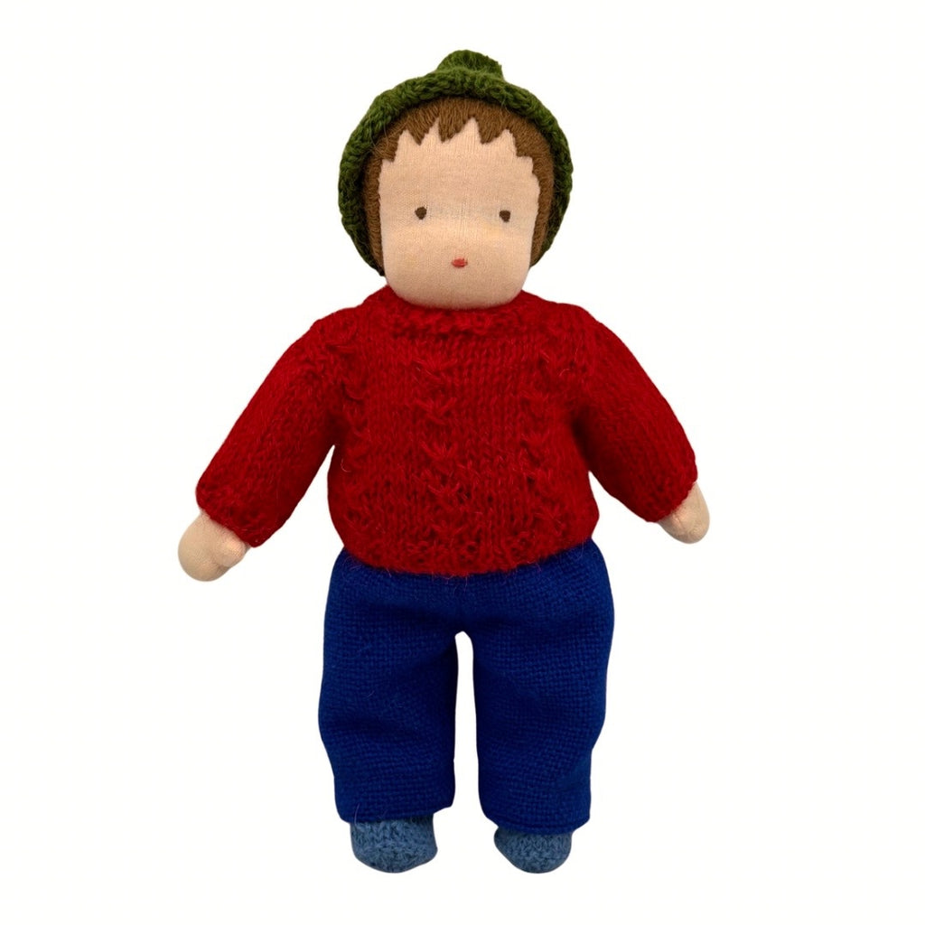 9" Waldorf Boy Doll in Red Sweater · Brown Hair