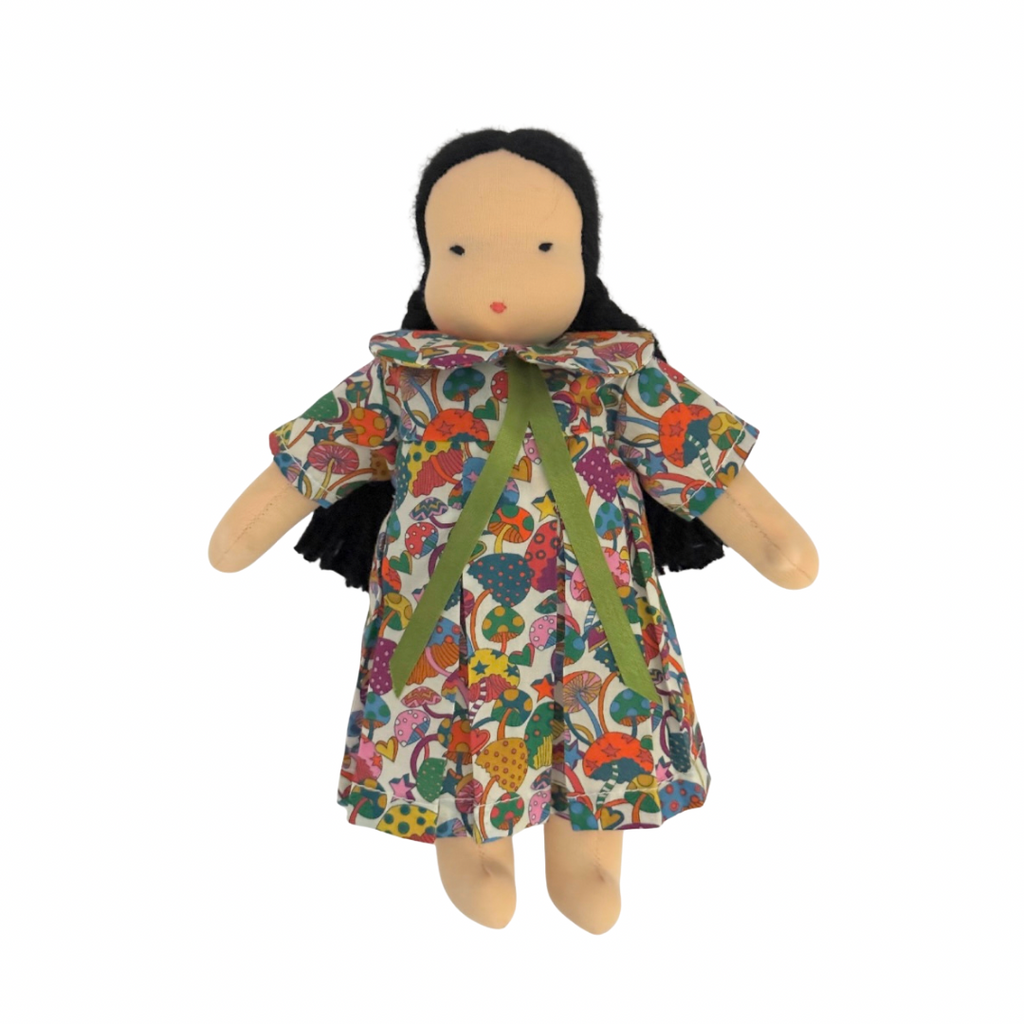 9" Waldorf Doll in Liberty Multicolored Mushroom Dress · Asian