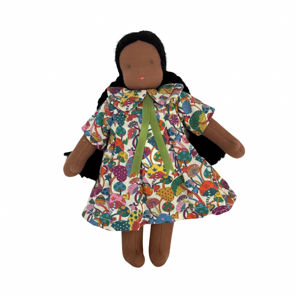 9" Waldorf Doll in Liberty Multicolored Mushroom Dress · Black