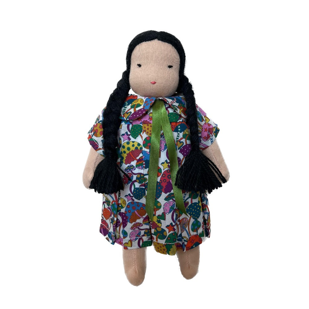9" Waldorf Doll in Liberty Multicolored Mushroom Dress · Asian