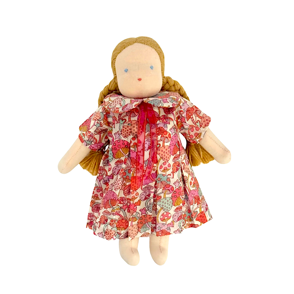 9" Waldorf Doll in Pink Liberty Mushroom Dress · White