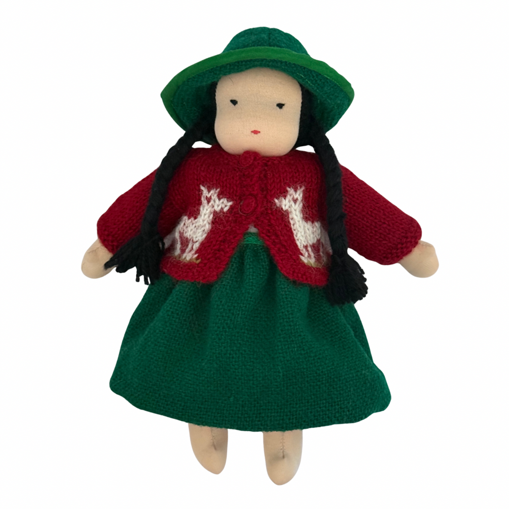 9" Waldorf Girl Doll in Red Alpaca Cardigan · Asian