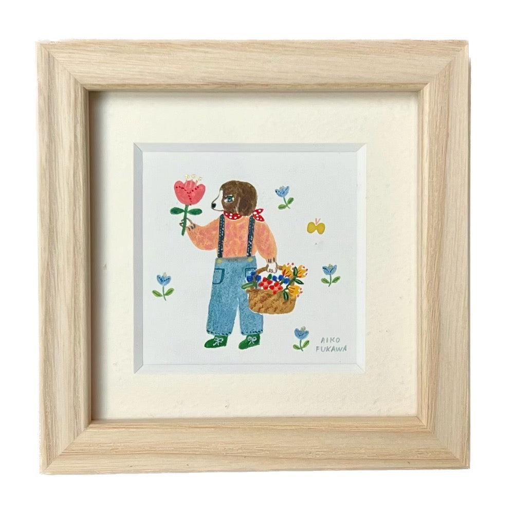 Aiko Fukawa Miniature Framed Original Artwork · Dog Florist