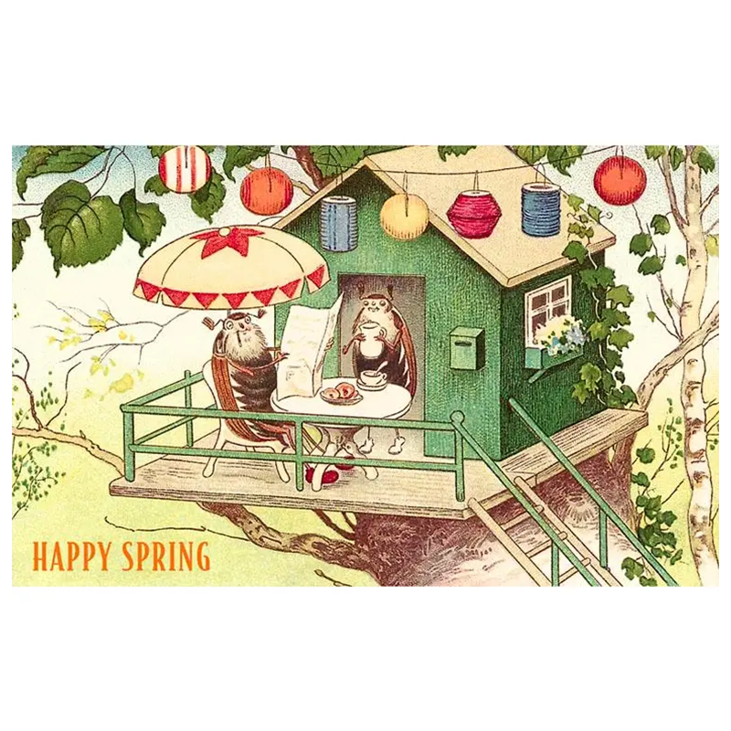 Happy Spring Beetles at Breakfast Vintage Note Card