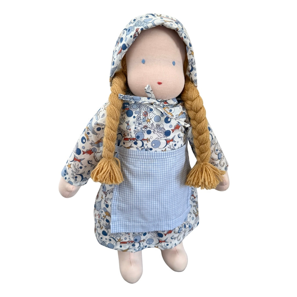 15" Waldorf Doll in Blue Ocean's Treasures Liberty Fabric Dress · White