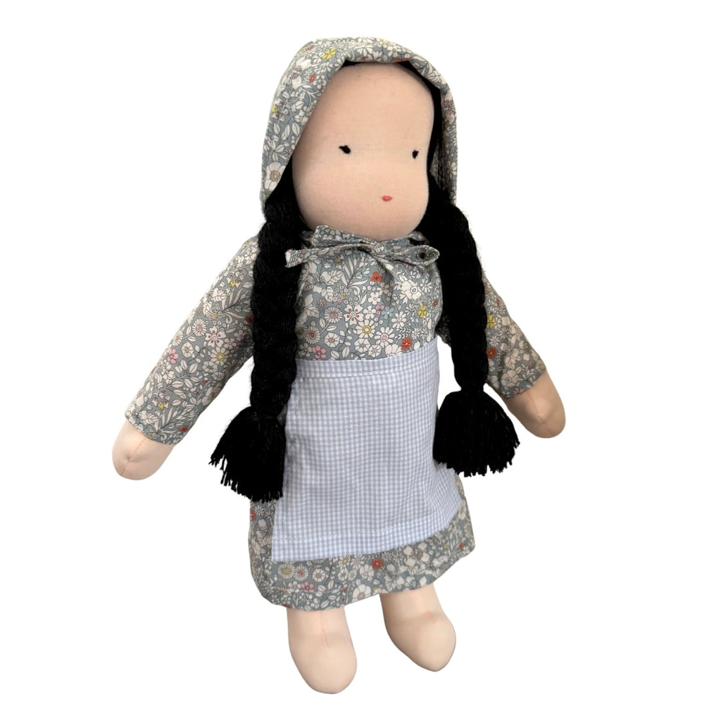15" Waldorf Doll in Blue June's Meadow Liberty Fabric Dress · Asian