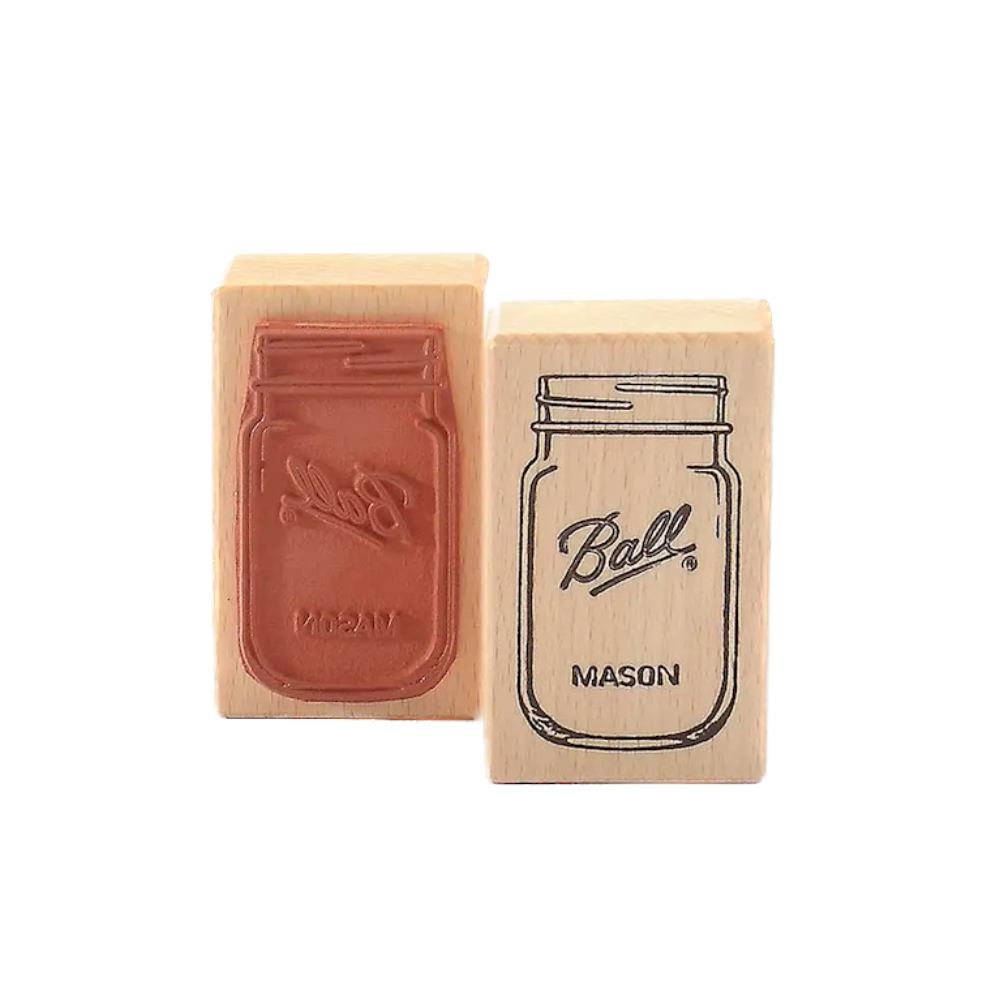 Wooden Rubber Stamp · Glass Mason Jar