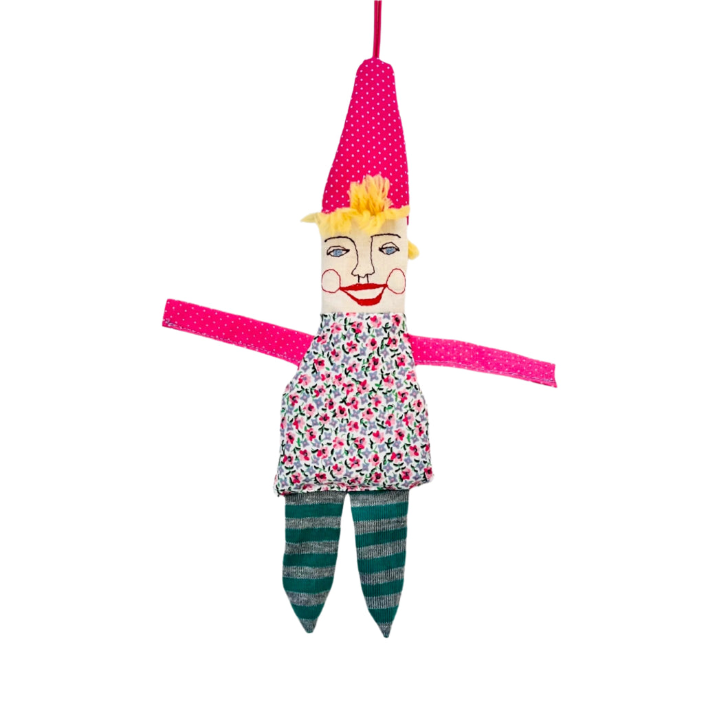 Happy Clown Hanging Doll · Small with Pink Polka Dot Cap
