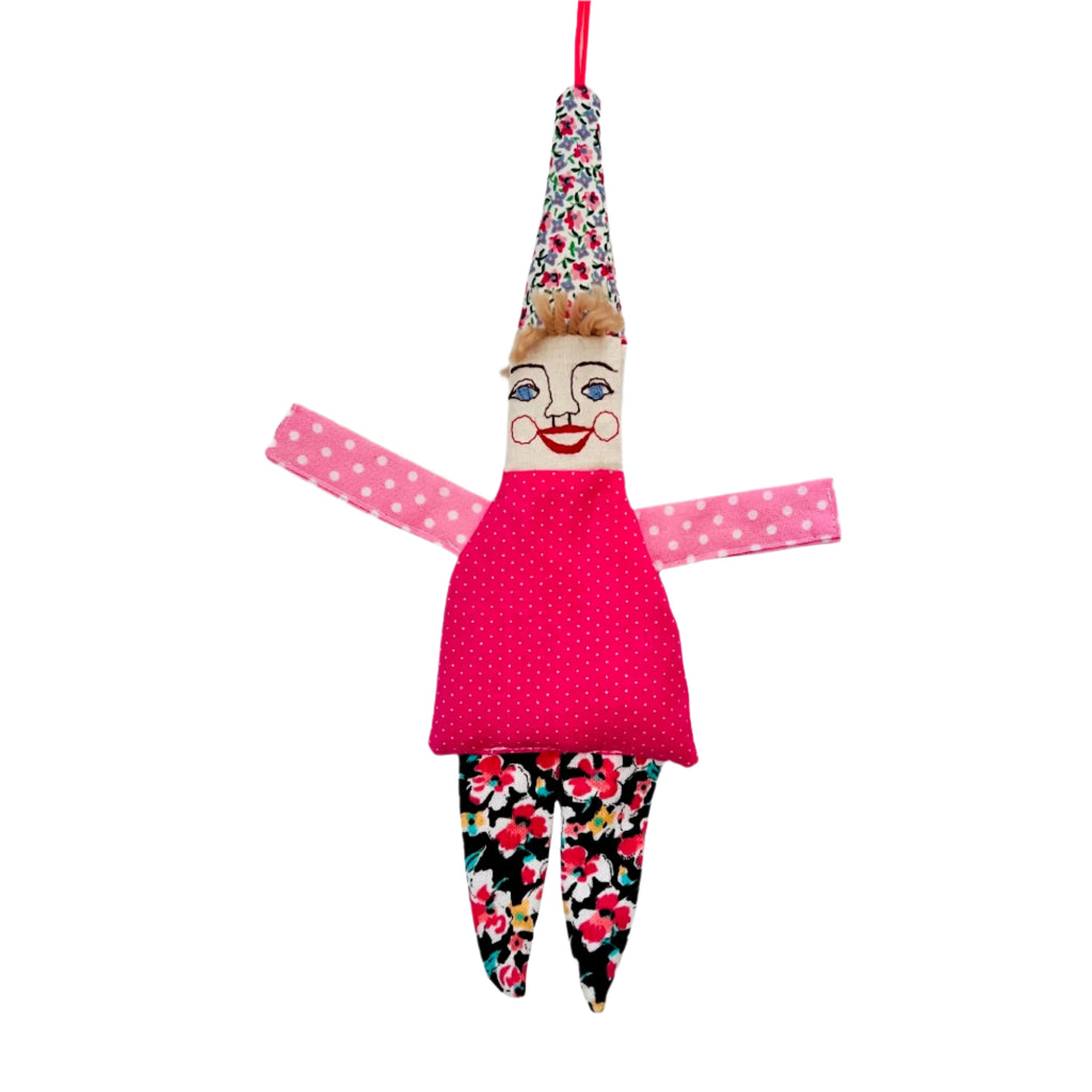 Happy Clown Hanging Doll · Small with Pink Floral Cap