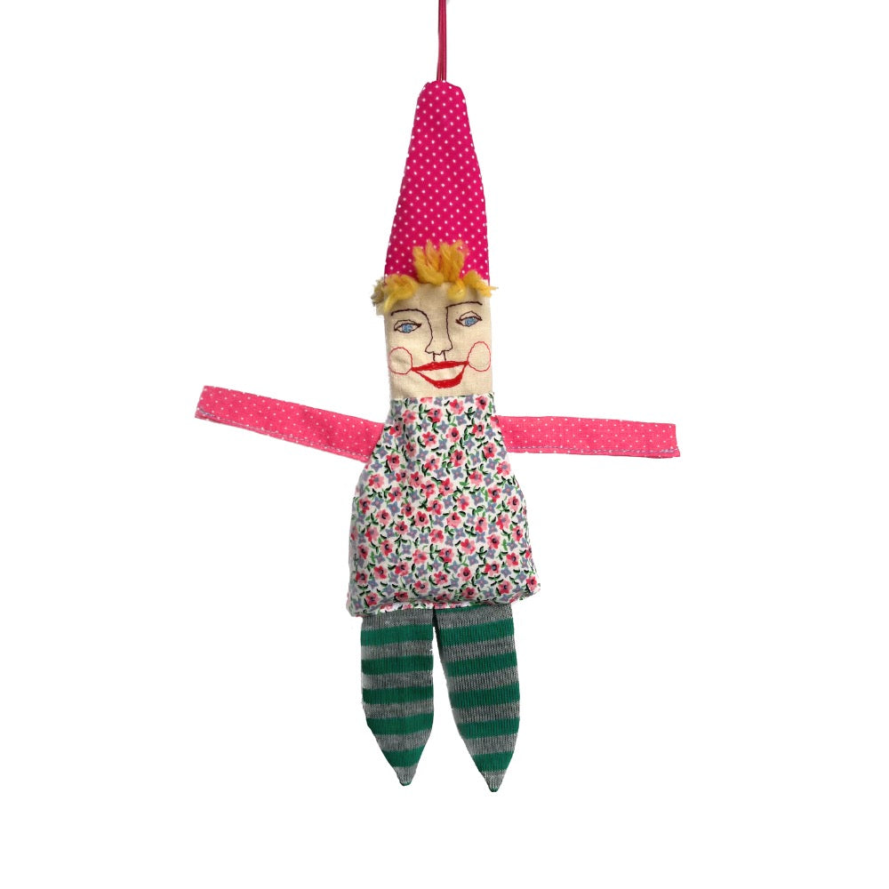 Happy Clown Hanging Doll · Small with Pink Polka Dot Cap