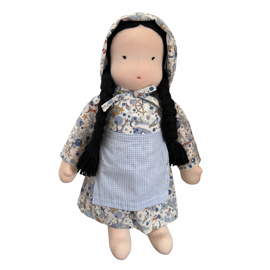 15" Waldorf Doll in Blue Ocean's Treasures Liberty Fabric Dress · Asian