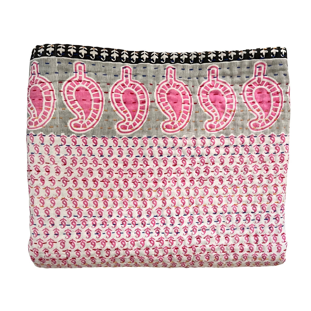 Jeanette Farrier Kantha Blanket · Pink Paisley and Mint Green Floral