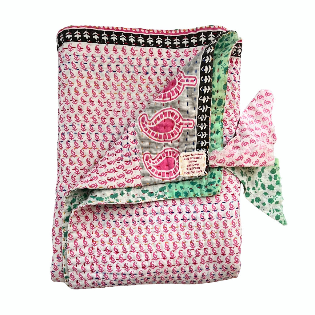 Jeanette Farrier Kantha Blanket · Pink Paisley and Mint Green Floral