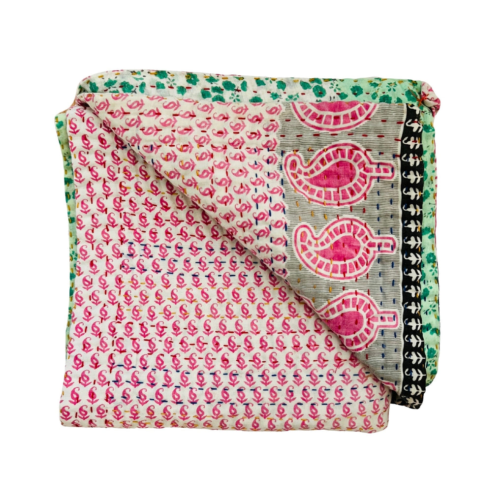 Jeanette Farrier Kantha Blanket · Pink Paisley and Mint Green Floral