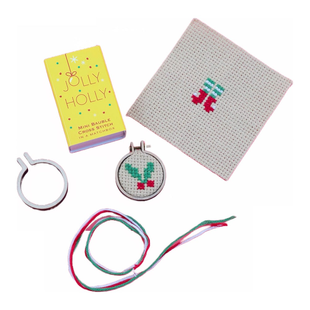 Jolly Holly Christmas Cross Stitch in a Matchbox