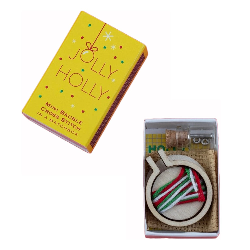 Jolly Holly Christmas Cross Stitch in a Matchbox