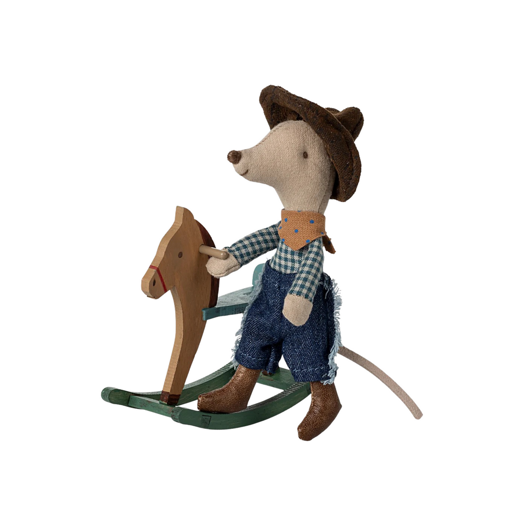 Maileg Little Brother Cowboy Mouse on Rocking Horse