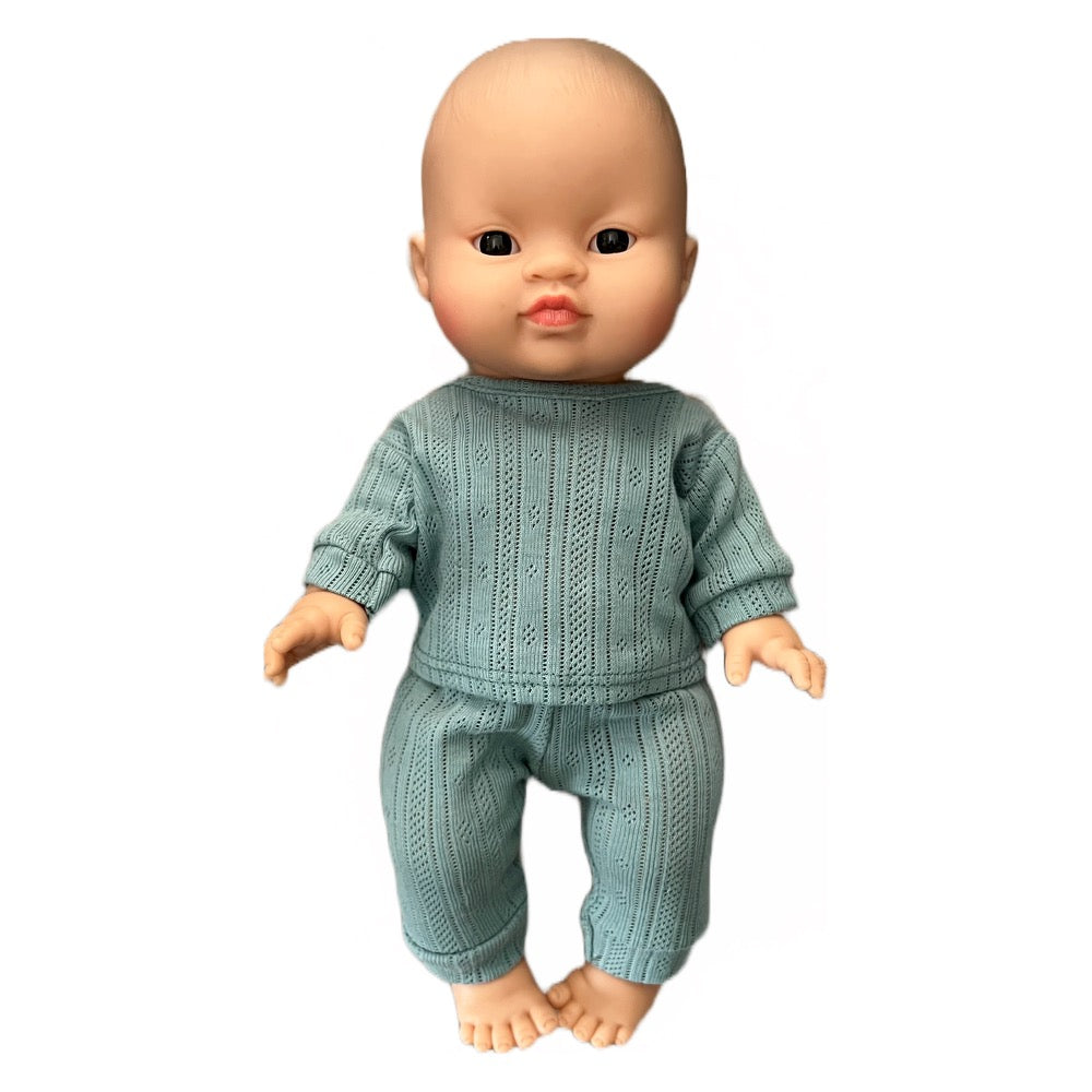 Minikane Bath Baby Boy Doll in Peacock Blue Pointelle Pajamas · Asian