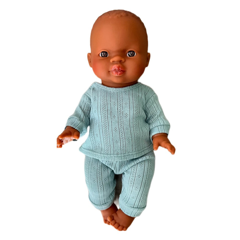 Minikane Bath Baby Boy Doll in Peacock Blue Pointelle Pajamas · Black