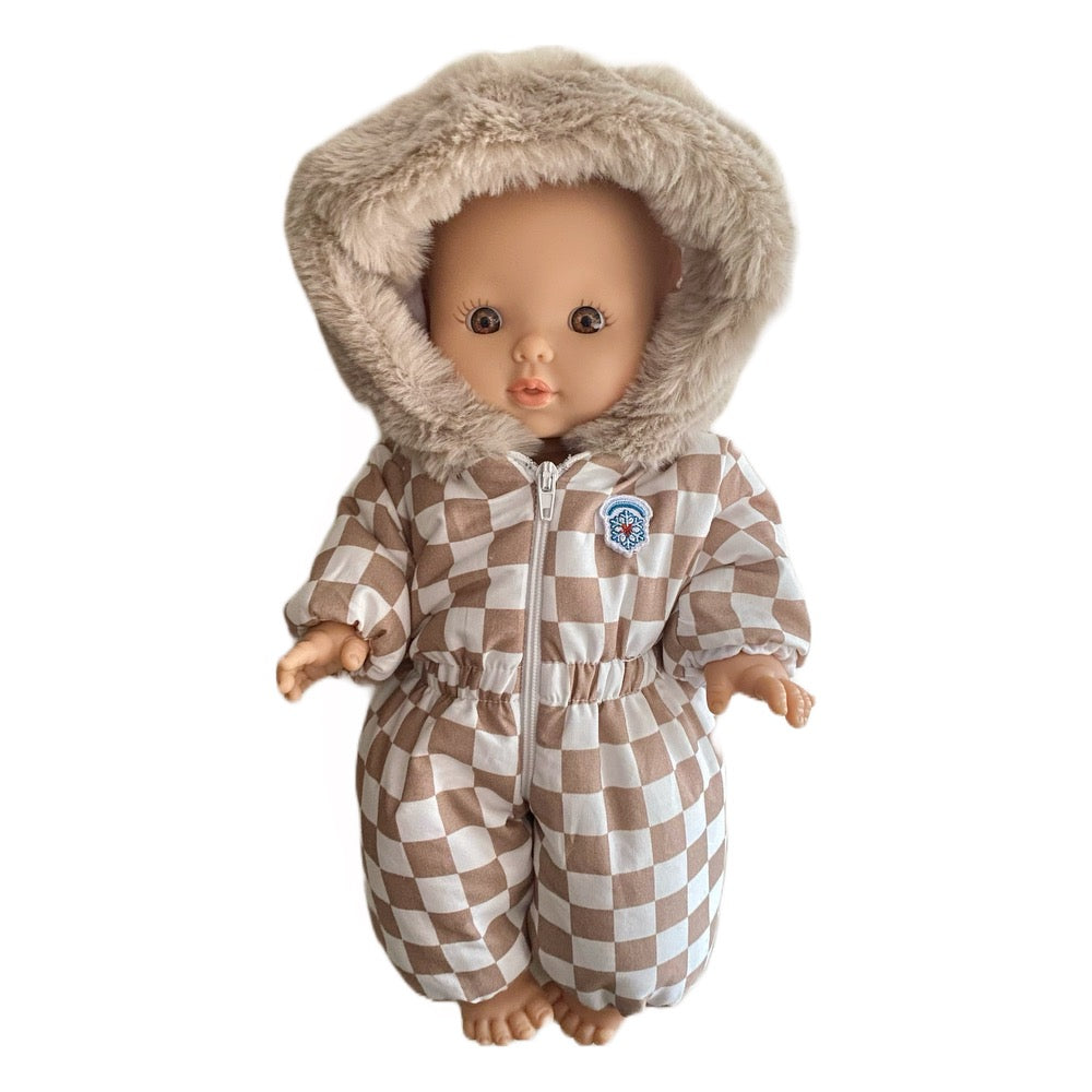 Minikane Bath Baby Girl Doll in Checkered Ski Suit · White
