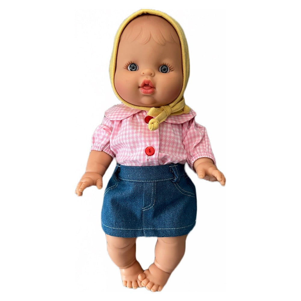 Minikane Bath Baby Girl Doll in Pink Gingham Top and Denim Skirt · White