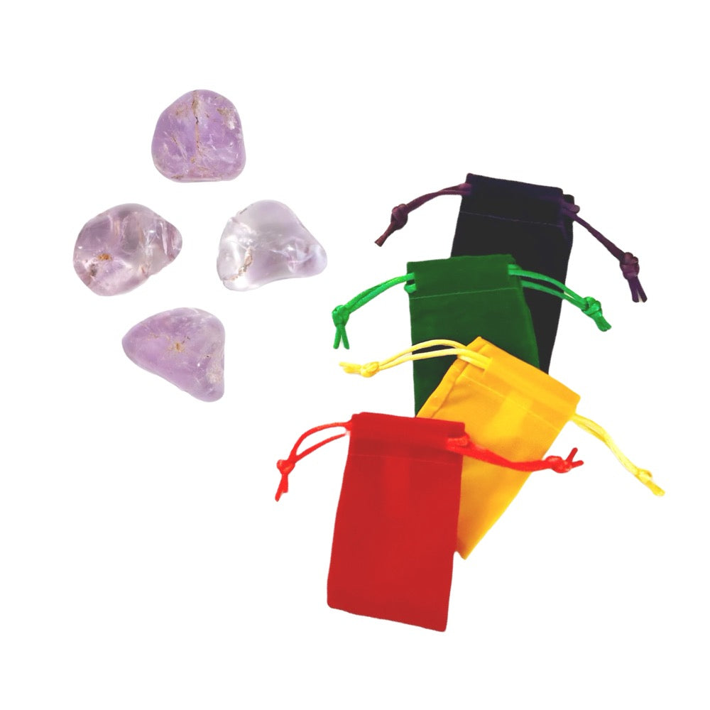 Set of 4 Mini Tumbled Amethyst Crystals + Pouch