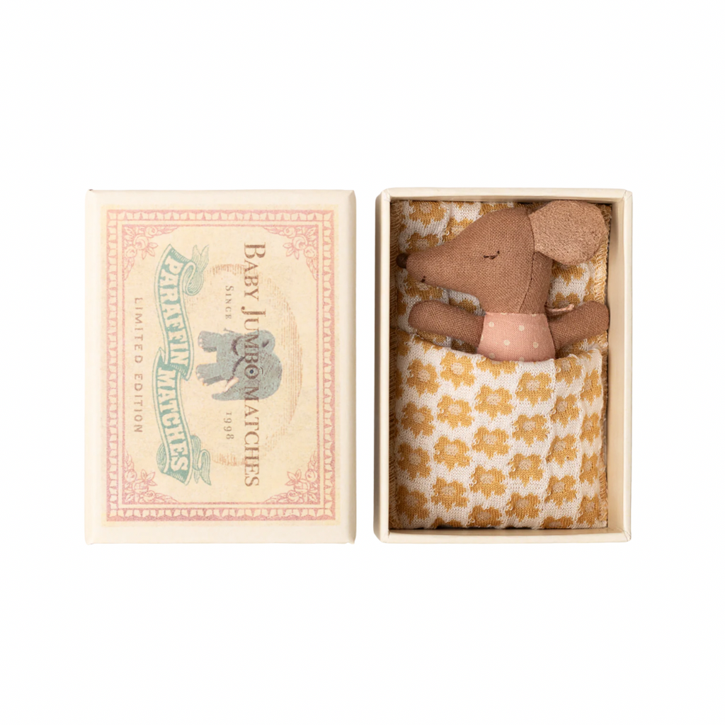 Maileg Sleepy Wakey Baby Mouse in Matchbox · Rose Polka Dot