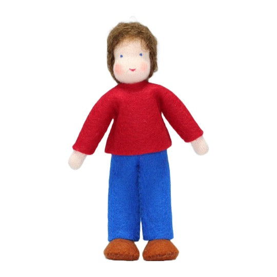 Waldorf Brunette Dollhouse Boy in Red Top and Royal Blue Pants · White