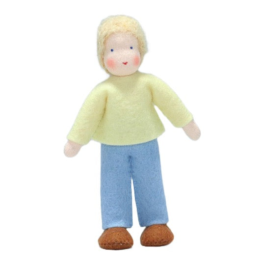 Waldorf Dollhouse Blonde Boy in Pale Yellow Top and Chambray Pants · White