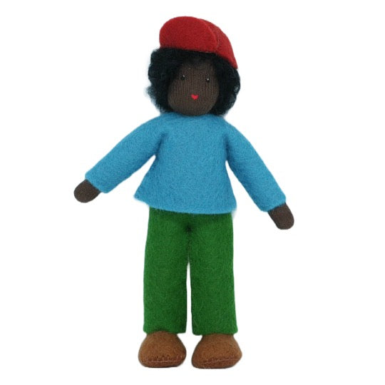 Waldorf Dollhouse Boy in Turquoise Top and Green Pants with Red Cap · Black