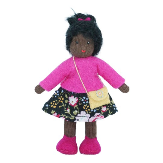 Waldorf Dollhouse Girl in Hot Pink Top and Floral Skirt · Black