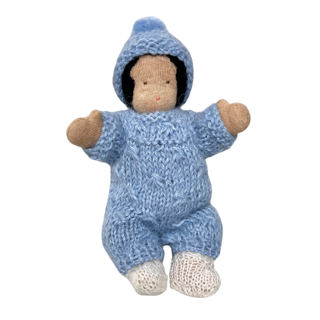 6" Small Waldorf Doll in Baby Blue Knitwear · Brown