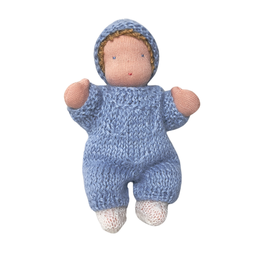 6" Small Waldorf Doll in Baby Blue Knitwear · White